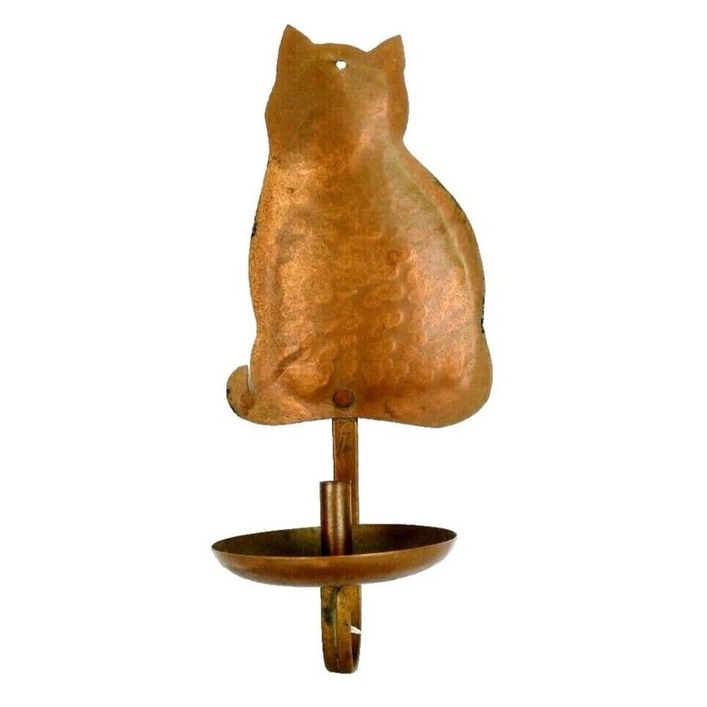 Vintage Roycroft Era Hammered Copper Wall Sconce Candle Holder Cat Silhouette